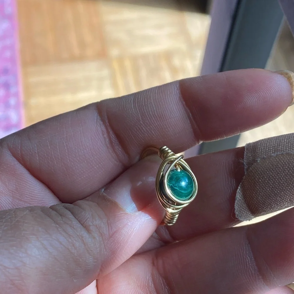 Elegant Gold Wire Wrapped Ring with Green Stone